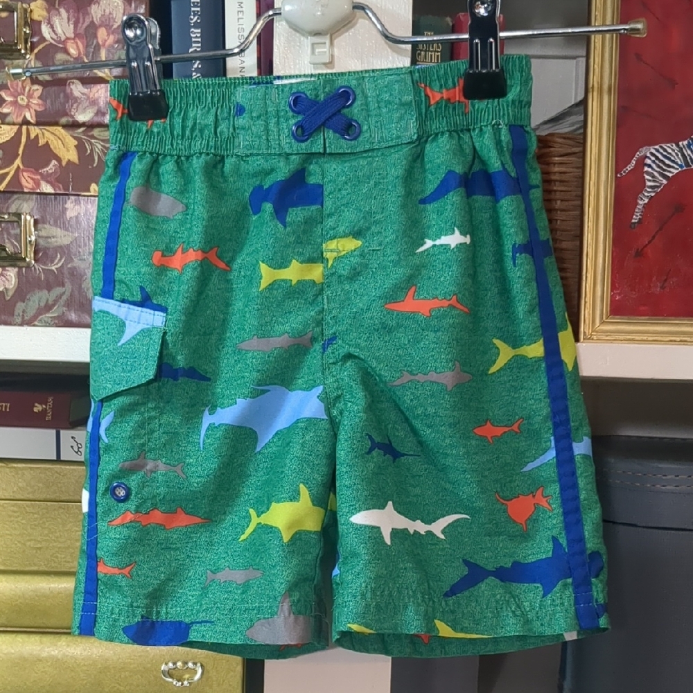 Kids Boys Green Shark Print Swim Shorts Trunks size 2